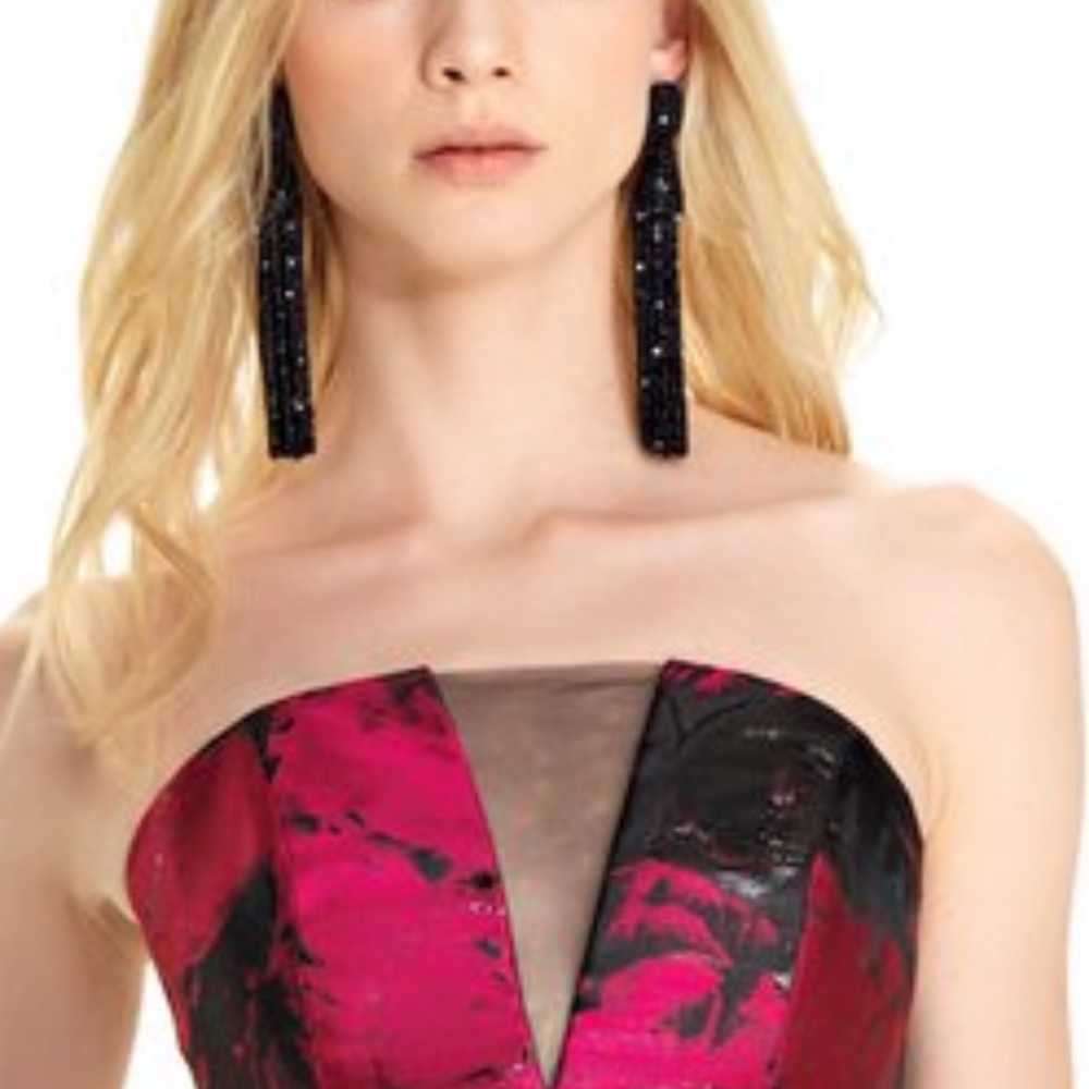 Theia strapless deep -V illusion insert floral lurex jacquard long ballGown - Picture 6 of 10